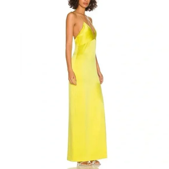 NEW NWT Alice + Olivia Dakota Bias Slip Gown Yellow Satin Side Slit Size 2 - Picture 2 of 7